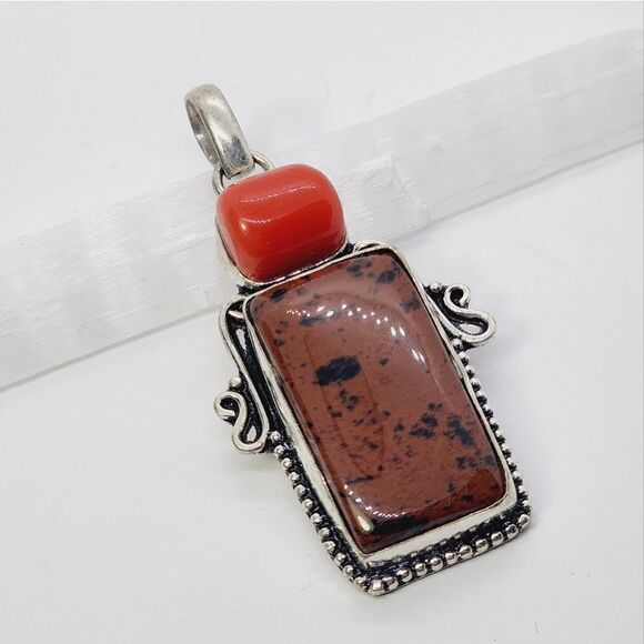 Mahogany Obsidian Coral Ethnic Handmade Pendant Jewelry 2.48" - Picture 3 of 4